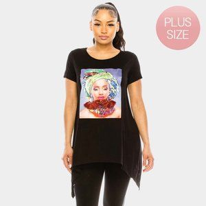 • Tassel Earring Accented Girl Print Half Sleeve Top